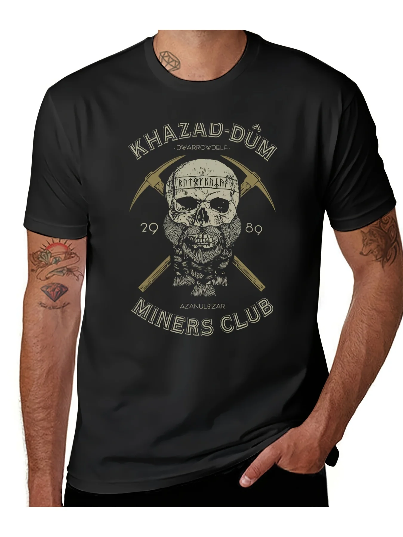 A patterned T-shirt featuring the Cazard Shield Miners' Club with a crew neck design for casual wear.