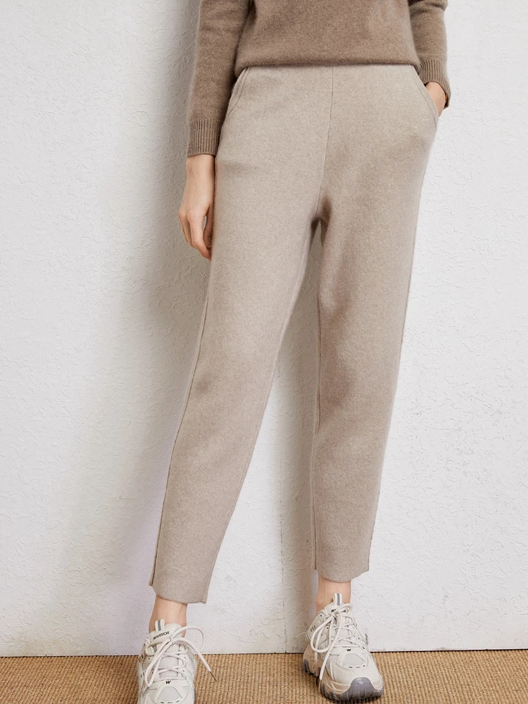 Autumn Winter Women's 100% Goat Cashmere Pants Office Lady Pencil Pants Simple Style Knittd Trousers Elasticated Waist Pants