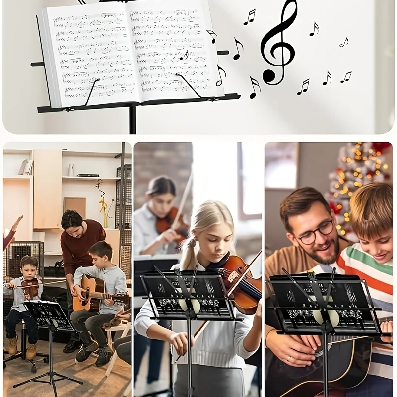 2-in-1 Foldable & Portable Sheet Music Stand with Carrying Bag, Dual-Use Desktop Book & Music Stand with Clip Holder, Lightweigh
