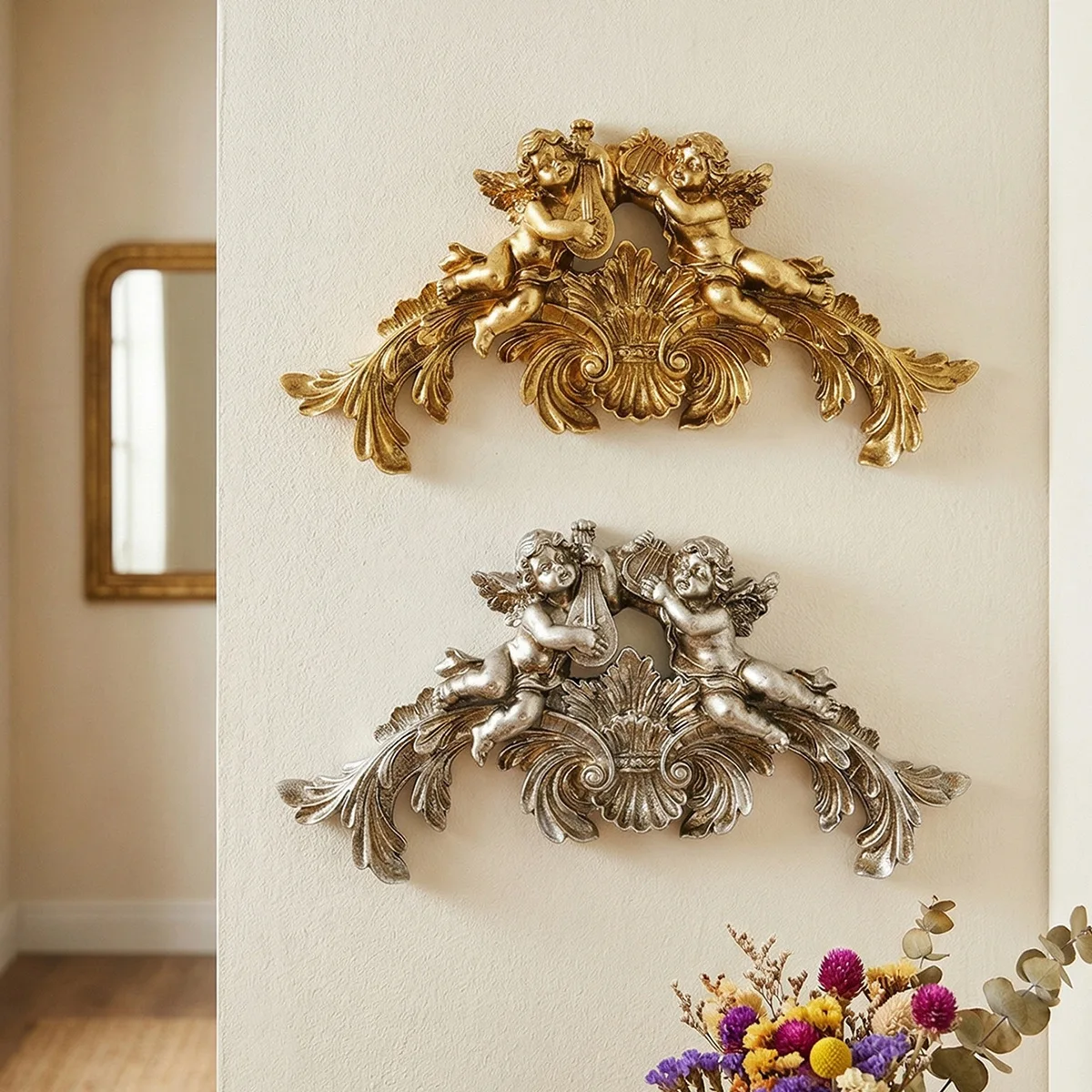 French-style angel playing the piano, ribbon bow hanging decoration, resin wall decoration for the entrance and living room