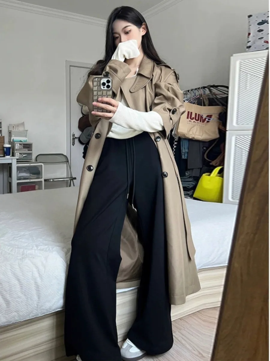 Women's Autumn 2025 Long Trench Coat Khaki Colorous High Waist Silhouette Ele Sle Coat Loose Fit Korean Casual Sle
