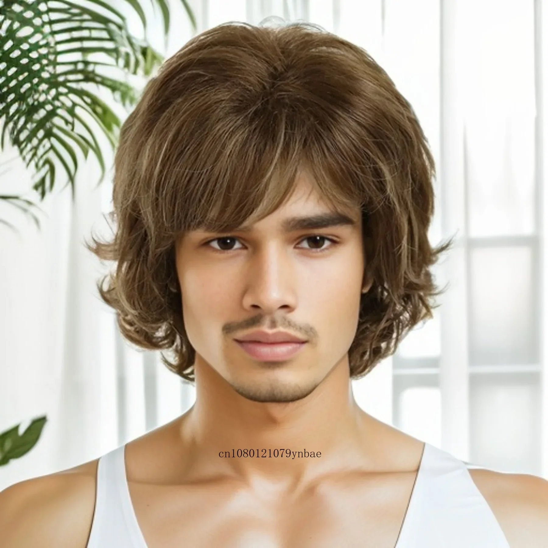 

Мужские синтетические волосы, короткие вьющиеся парики, натуральный смешанный коричневый парик с челкой для крутых мужчин, термостойкий повседневный костюм для Хэллоуина