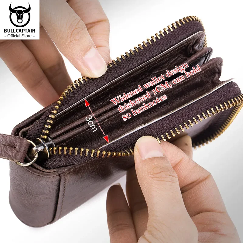 BULLCAPTAIN Men\'s Genuine Leather Wallet Business Casual Retro RFID Zipper Coin Purse Multi-Card Slot Cash Clip