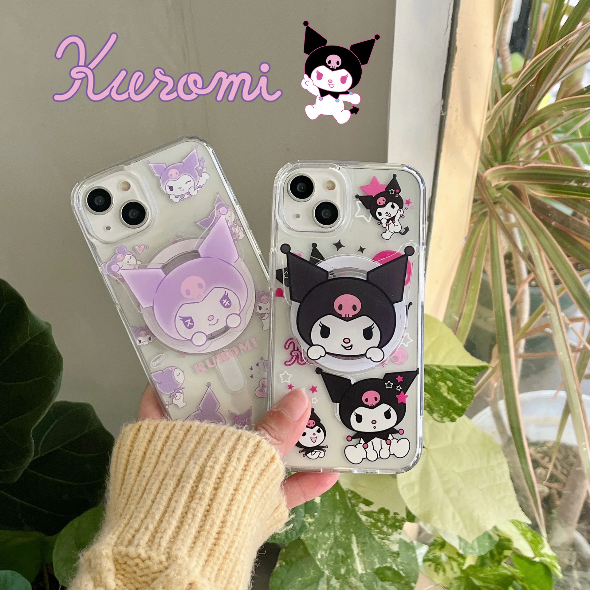 Kuromi Cartoon Magnetic Soft Phone Case with Holder Grip tok for iPhone 15 13 14 12 Pro Max 11 Back Shell Cover Y2K Girls Gift