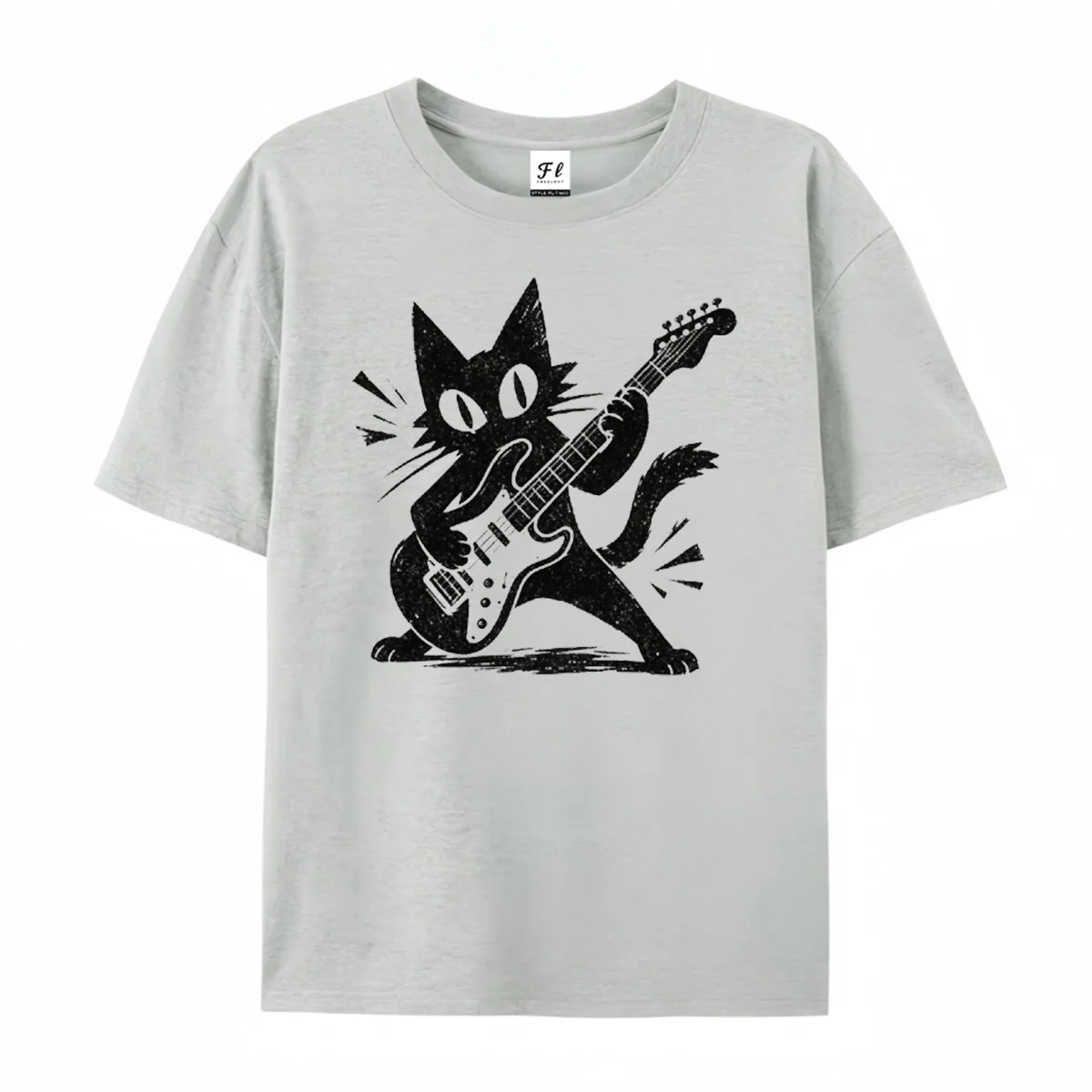 Rock Star Cat Graphic T‑Shirt Cool Black Cat Playing Electric Guitar Retro Ink Sketch Print Punk Rock Music Casual Unisex Shirts