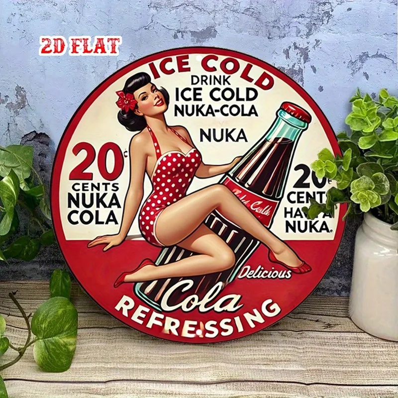 2D Flat, 1pc Retro Pin-Up 7.87x7.87 Round Aluminum Sign - Vintage Nuke Cola Ice Cold Drink Metal Tin Wall Art, Refreshing Rustic view 3