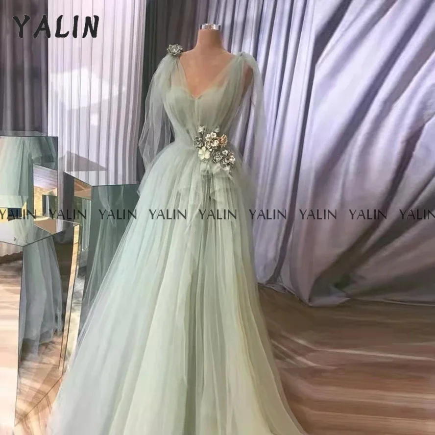 YALIN Sage Evening Dress Single Sleeve V-Neck Slim Sweep Train A-Line Prom  Elegant Retro Custom Tulle vestido de festa