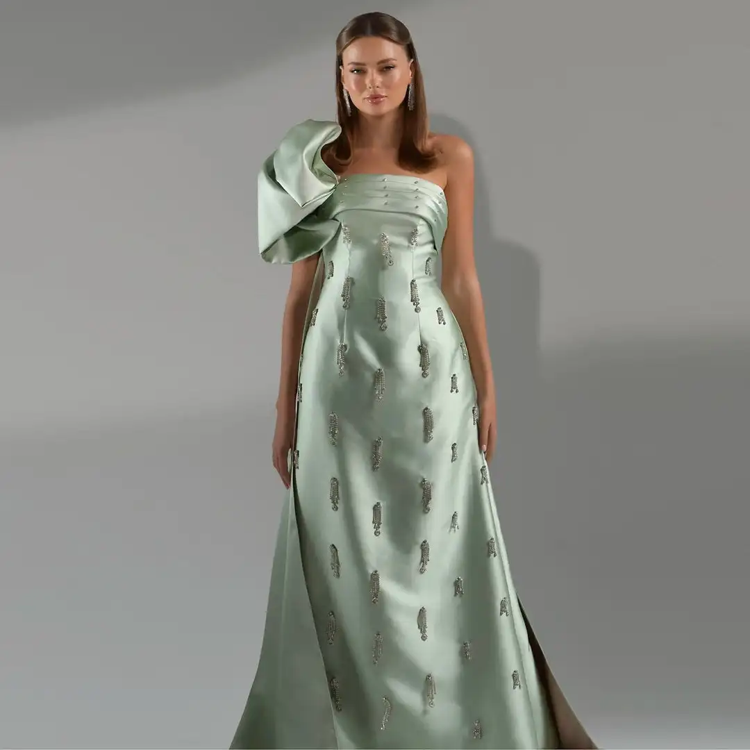 

Jirocum Mint Green One-Shoulder Bow Beaded Mermaid Evening Dresses Side Slit Formal Party Gown