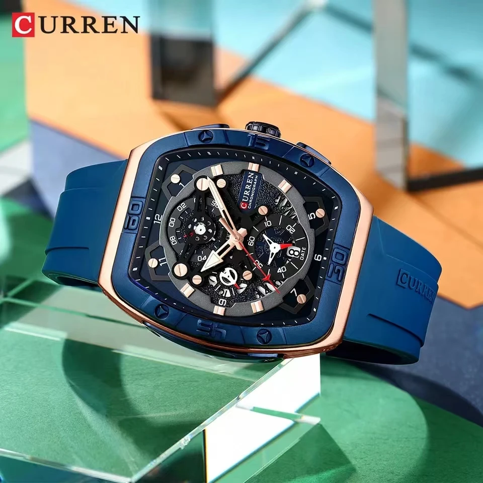 CURREN Watch For Men Barrel Shaped Quartz Creative Fashion Multifunctional Rectangular  Casual Silicone Strap Wristwatch 8443