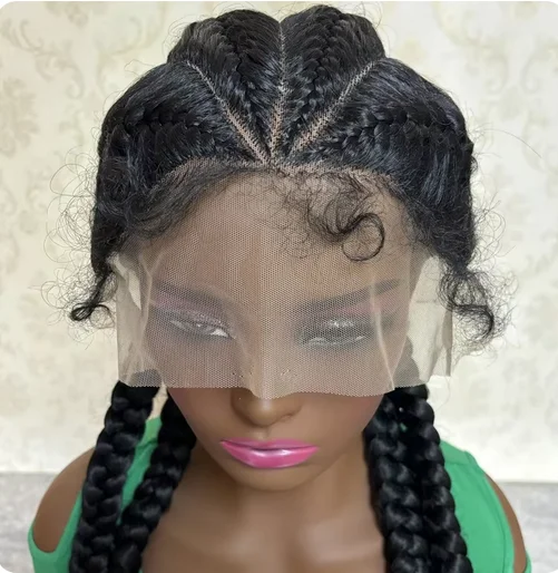 Black Synthetic Fiber Lace Front Wig Heat Safe Glueless Cornrow Braided Wig With 4 Braids Lace Wig for Fashion Ladies Daily Life