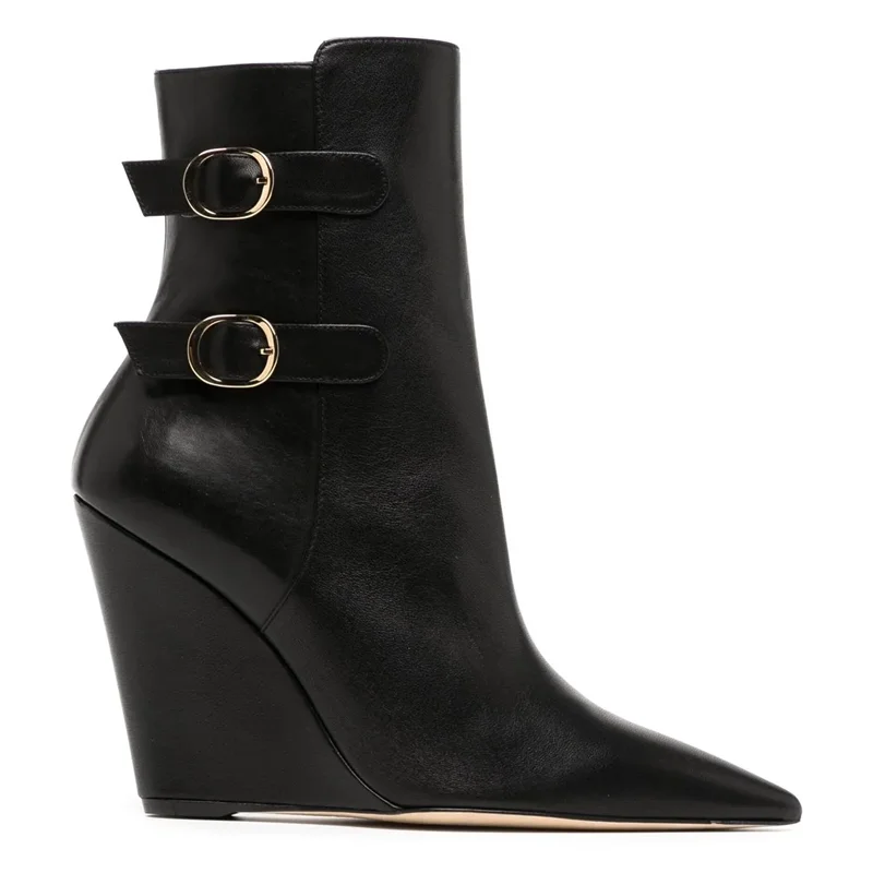 

Metal Buckle Belt Wedges Leather Ankle Boots Sexy Pointed Toe Zipper Accept Customized New Arrivals Fashion Women Boots
