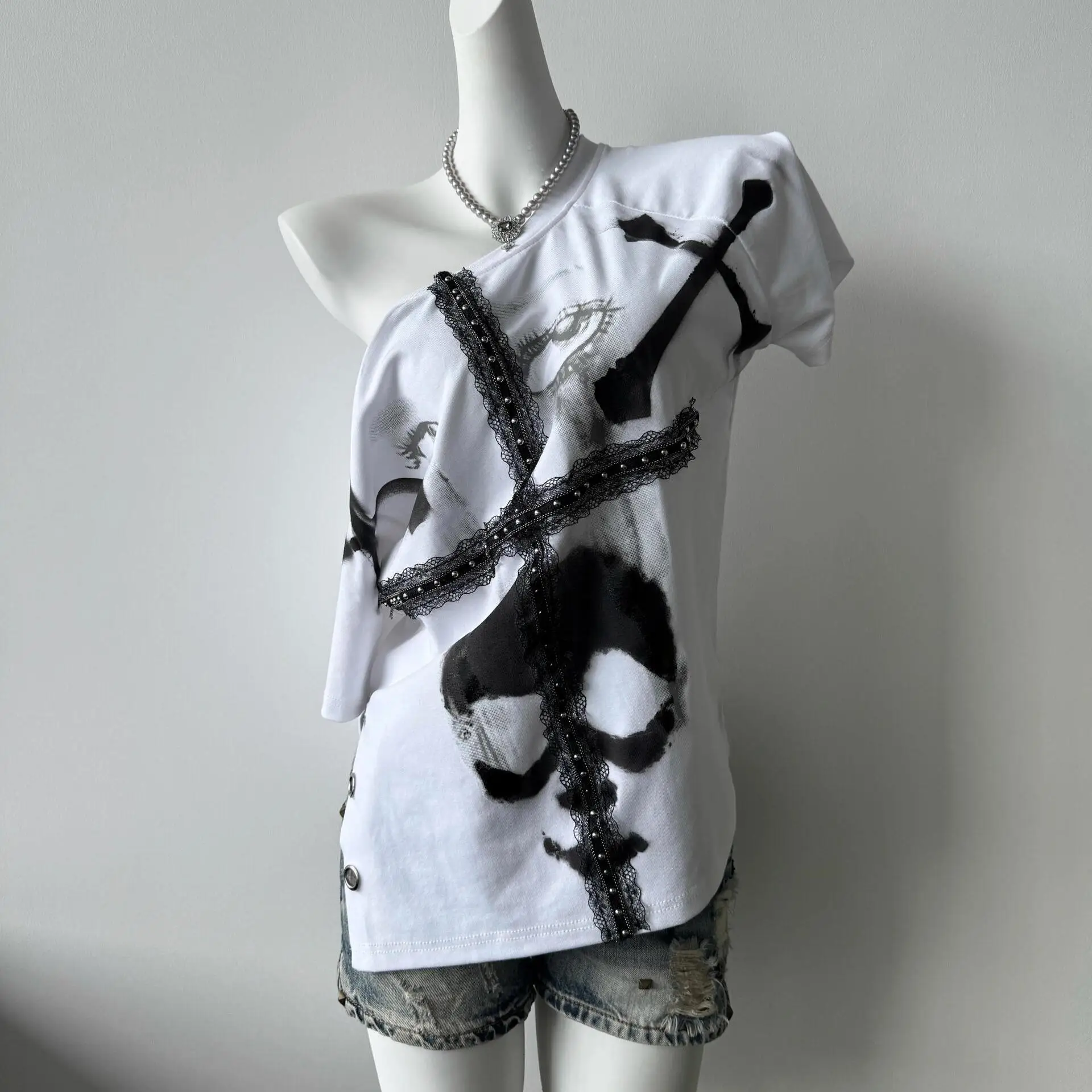 Gothic Y2K Skull T-shirt Donna Abiti vintage Estate Slim Punk Streetwear Hip Hop T-shirt bianche Camicia Harajuku Rock Femme Top