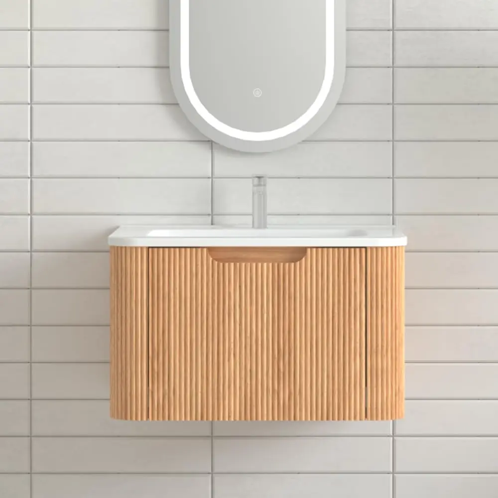

24in Floating Vanity with Sink, Wall Mount Oak Cabinet, Curved Stripes, Integrated Ceramic Basin, Customized