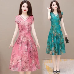 2024 Summer Beach Floral Dress Women Elegant V-Neck Chiffon Mid Dress Pink Print Bodycon Party Dress Short Sleeve Women Clothing