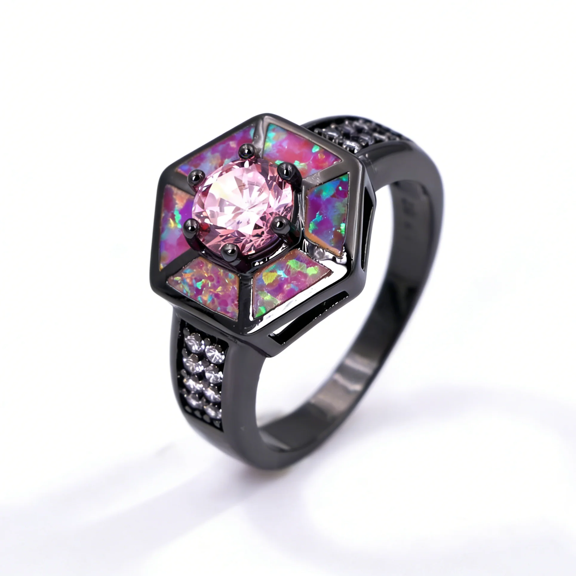 

Black Rhodium Plated Hexagon Ring Pink Round Cut Center Stone with Iridescent Opal Accents Elegant Cocktail Ring Gift for Women