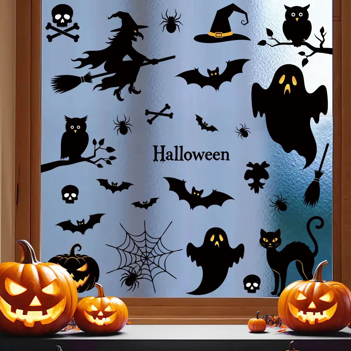Halloween Window Clings Wall Stickers 6 Sheets 45Pcs Double Sided Static Cling Decals Witch Ghost Bat Pumpkin Cat for Glass