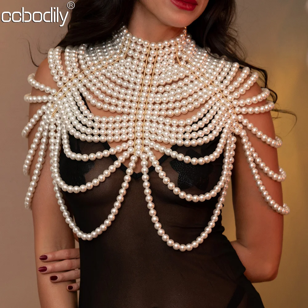 Sexy Women's Pearl Body Chain Bra Adjustable Size Shawl Necklaces Collar Shoulder Fashion Tops Chain Necklaces Body Jewelry