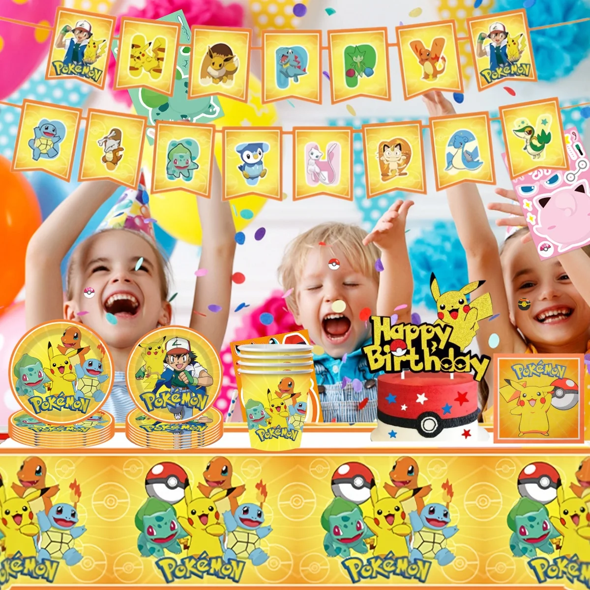 Zestaw dekoracji na przyjęcie urodzinowe z motywem Pokemon, jednorazowa zastawa stołowa, obrus Pokemon, kubek, talerz, baby shower, upominki na przyjęcie Pikachu