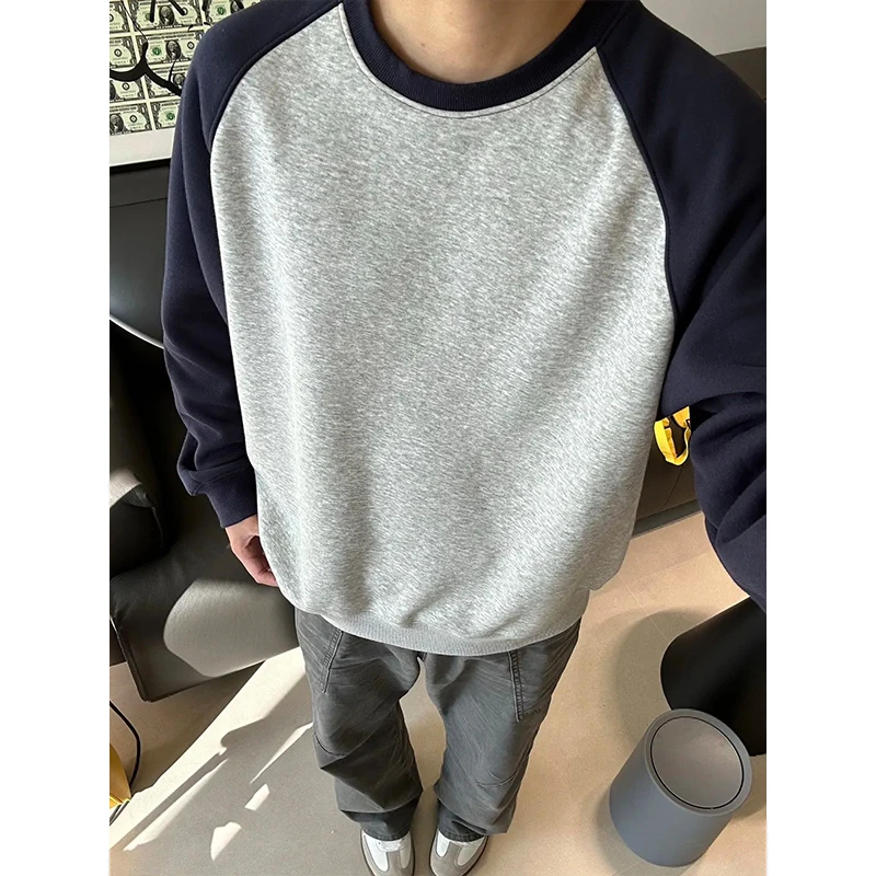 

Мужская толстовка с флисовой подкладкой, цветными вставками на плечах, круглым вырезом, в американском ретро-стиле, зимняя, с длинным рукавом