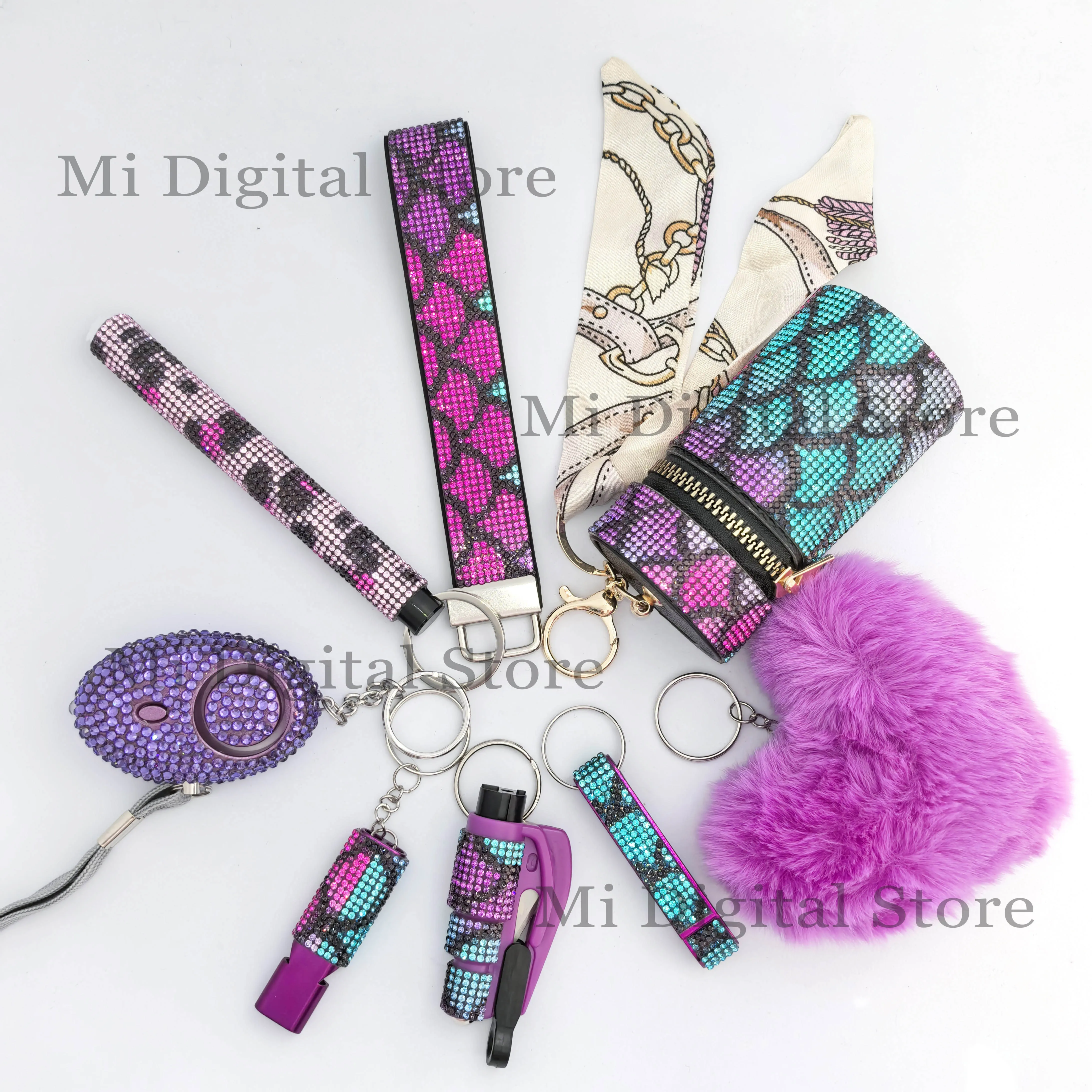 LLavero de autodefensa con diamantes de imitación para mujer, conjunto de alarma, llavero de defensa de seguridad, conjunto de autodefensa a granel