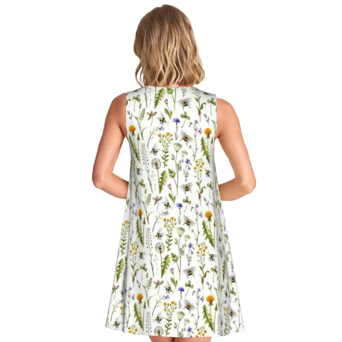 Bees And Wildflowers White Women's Sleeveless Retro Style Outing Short Sleeve Dress Artistic Backless Dress