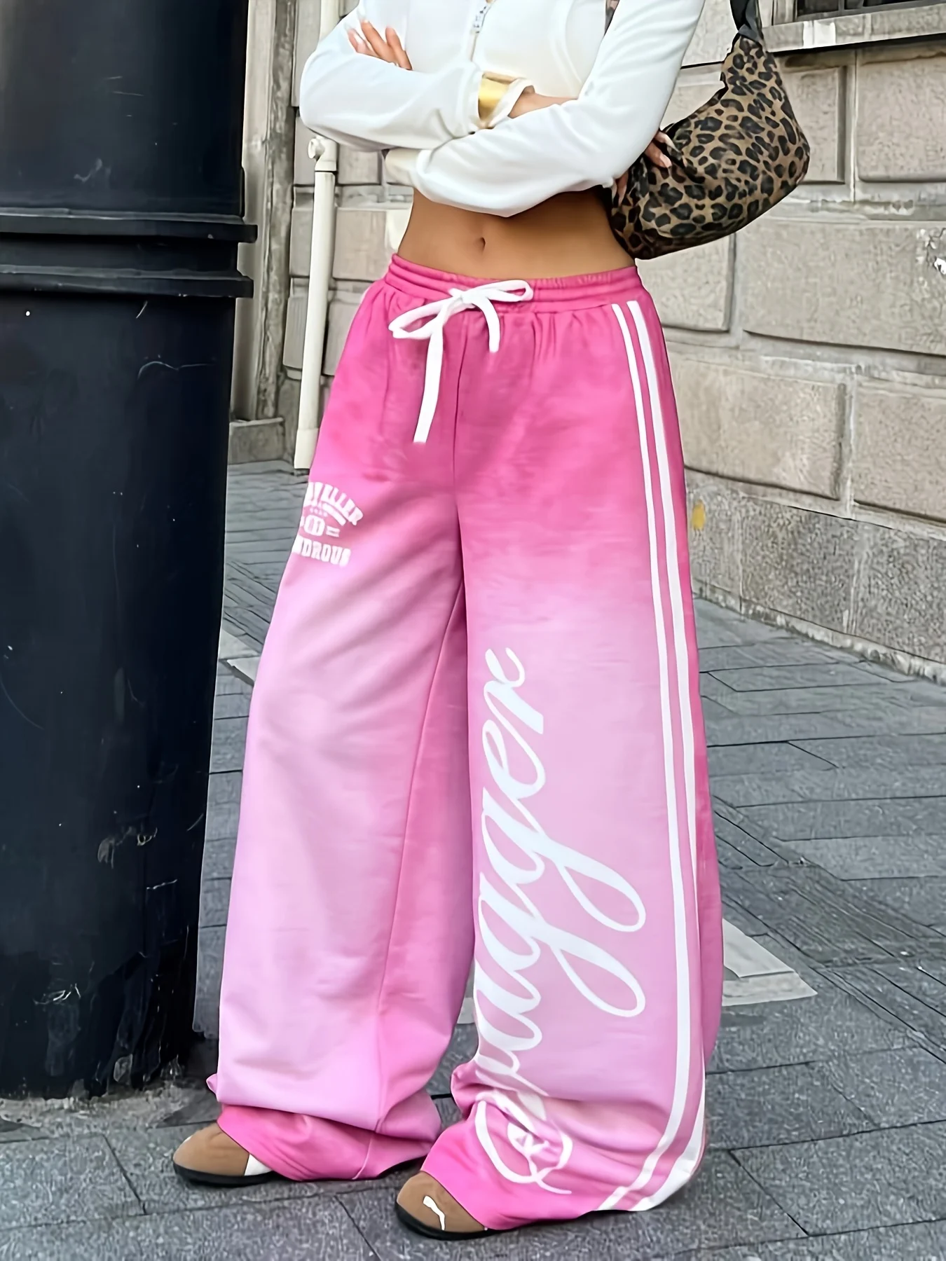 Pantalones Anchos de Mujer Estilo Retro Americano Verano 2026 - Pantalones Casuales de Salón con Estampado Ombre Rosa y Cintura Elástica a la Moda