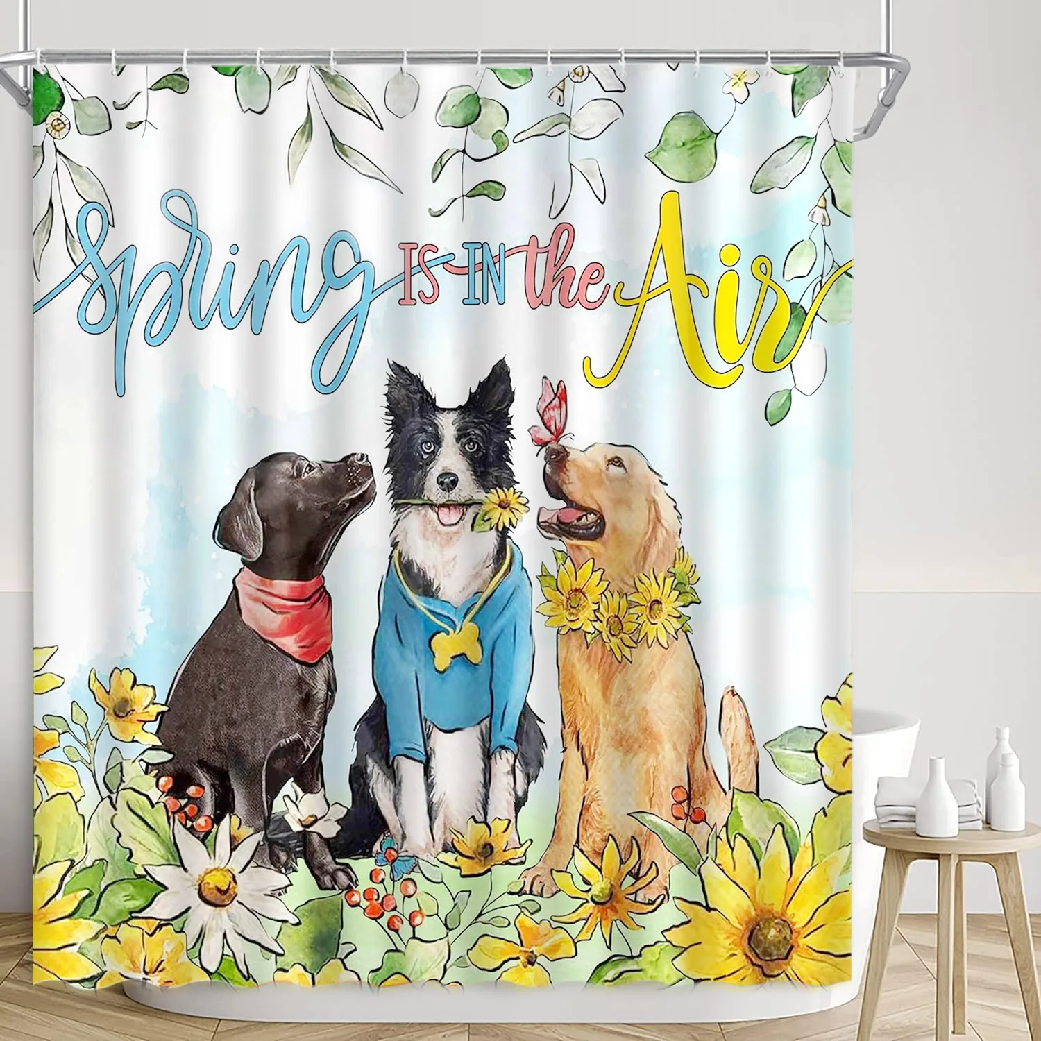 Spring Shower Curtain, Farm Puppy Flower Sunflower Butterfly Green Leaf Daisy Cute Springtime Farmhouse Holiday Bathroom Decor