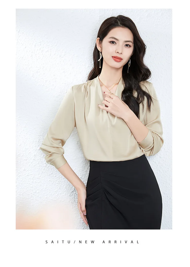 Women's Shirt 92.3% Silk, 6.8% Spandex Long Sleeves Sexy V Neck Ruched Elegant Fashion Blouse Tops