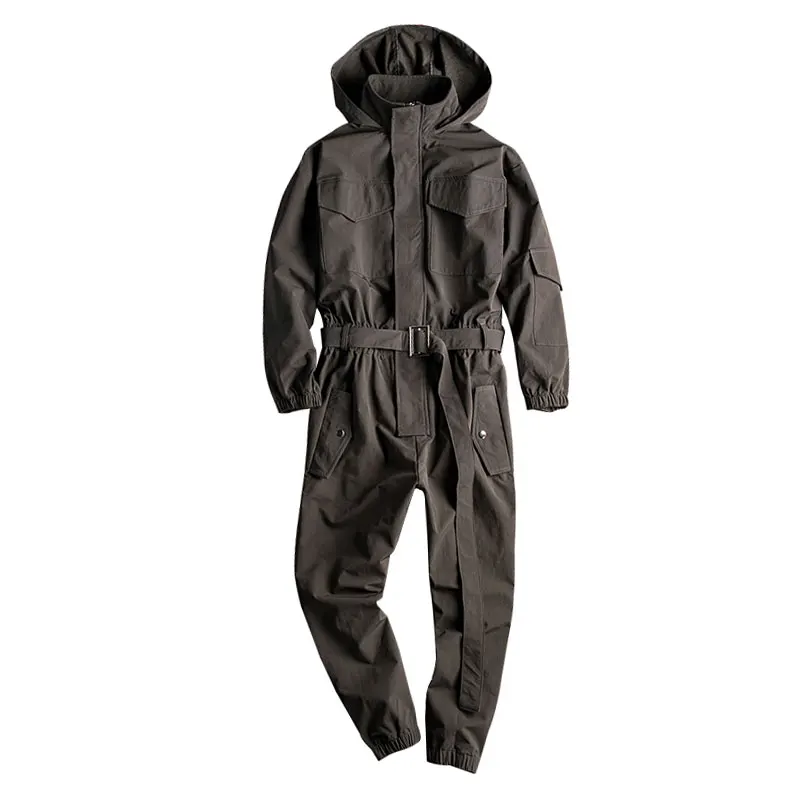 

Spring Overalls Men Jumpsuit Hooded Long Sleeve Multi-Pocket Beam Feet Streetwear Clothing Pants Hip Hop Black Trousers