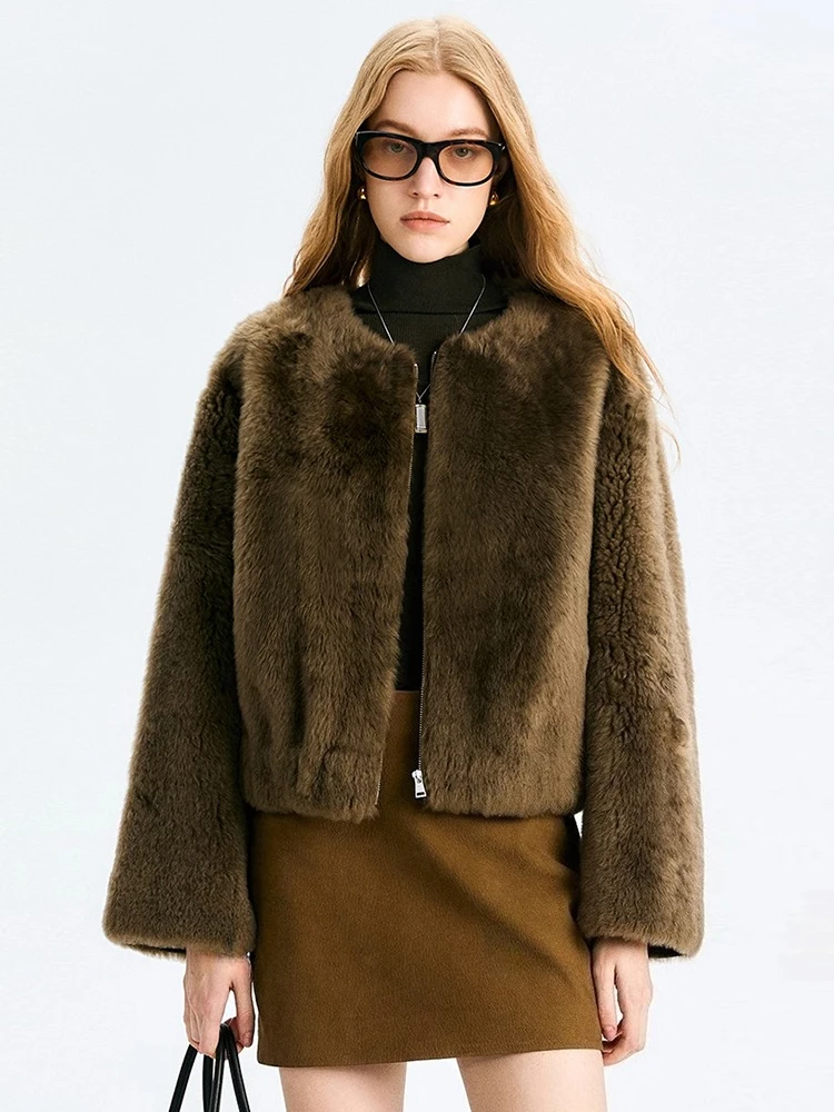 

High-end Luxury Lacon Lamb Fur Plush Jackets for Women 2026 New Simple Classic O-neck Short Winter Genuine Leather Real Fur Coat