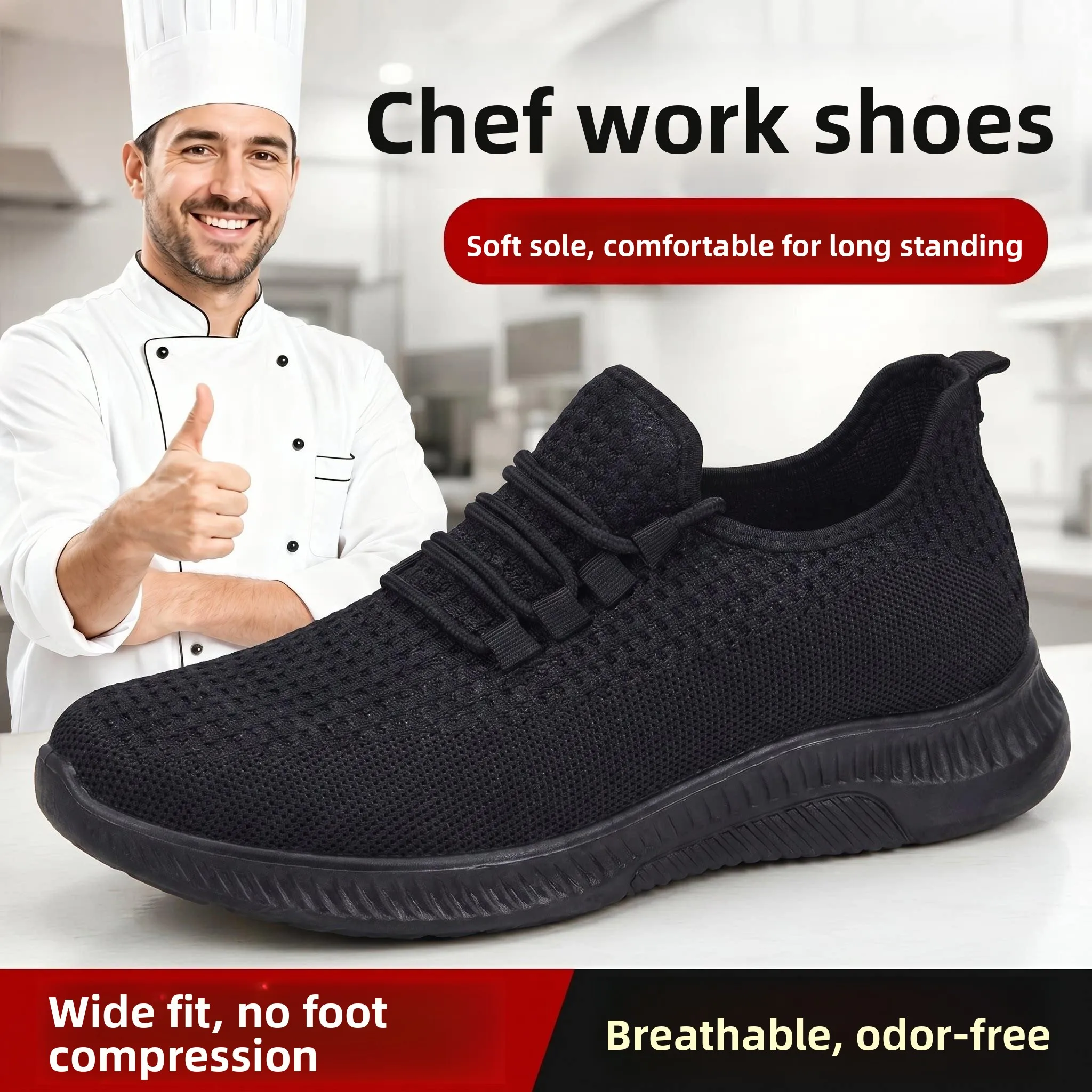 Men's Kitchen Anti-slip Shoes Comfortable Breathable Soft Bottom Not Tired Walking Chef Back Kitchen Special Black Soft