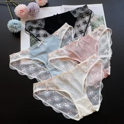 Mesh Girl Embroidery Sexy Perspective Women's Low Waist Bow Underpants Ice Silk Breathable Briefs Low-Rise Panties Lace Lingerie