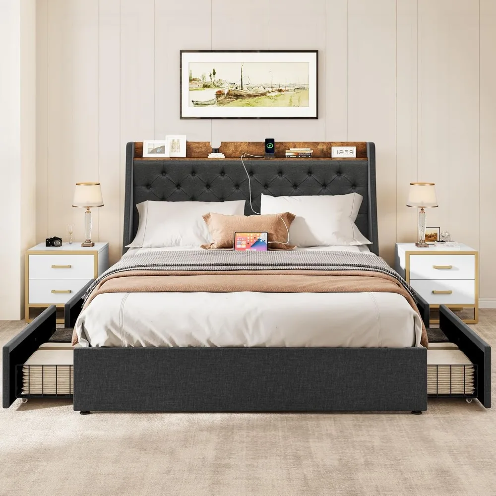 Queen Size Bed Frame with 4 Storage Drawers, Upholstered Platform Bed Frame with Wingback Storage Headboard