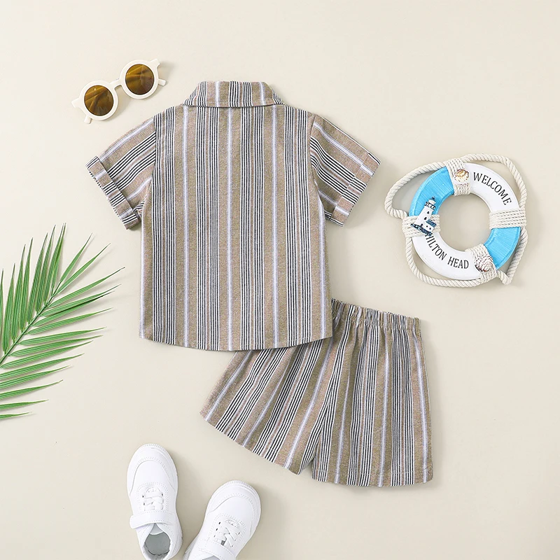 Toddler Boys Summer Outfits Turn-Down Collar Short Sleeve Stripe Shirts Tops and Elastic Waist Shorts 2Pcs Clothes Set