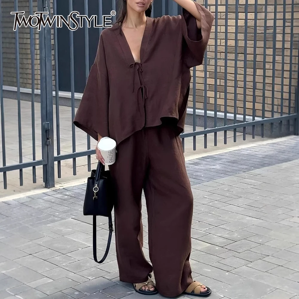 

TWOTWINSTYLE Loose Two Piece Set for Women V Neck Flare Sleeve Patchwork Lace Up Top High Waist Wide Leg Pant Casual Suit Female