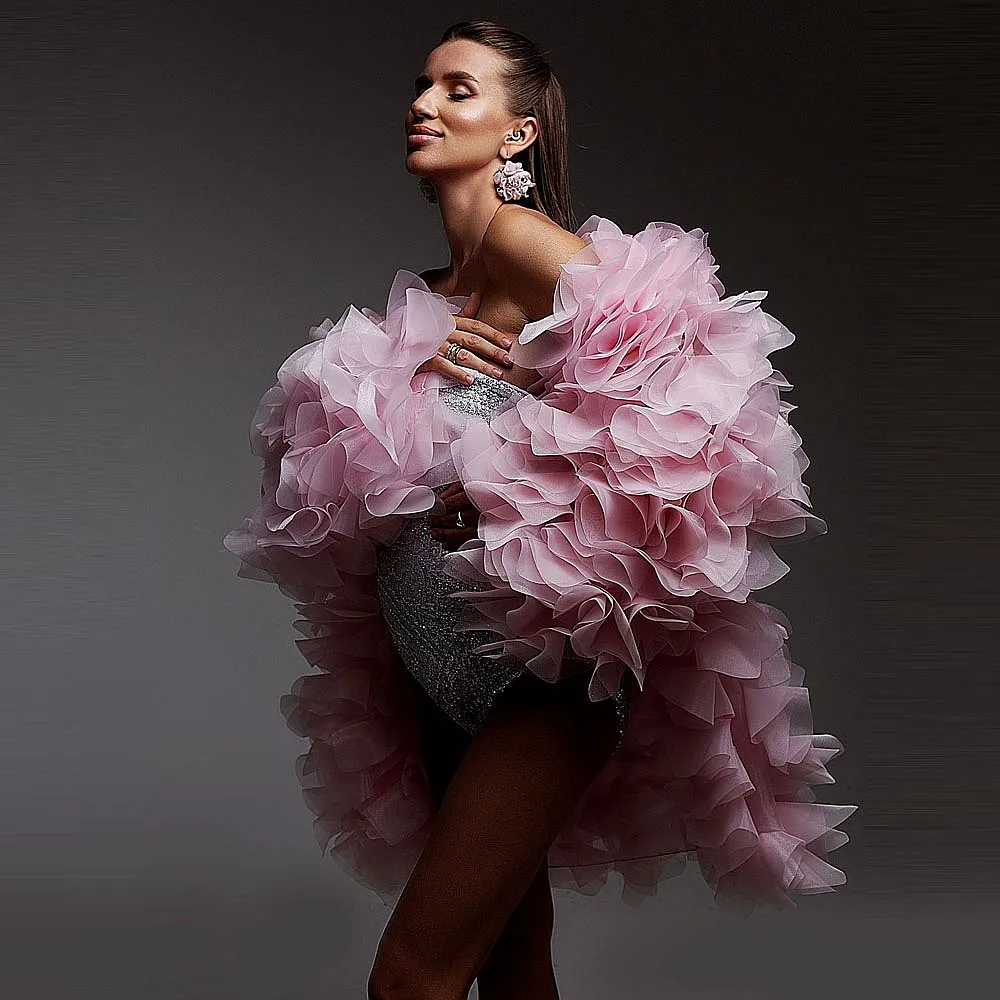 

Couture Pink Ruffles Tulle Jacket Long Sleeves Tulle Maternity Robe Coat For Photoshoots Female Top Bridal Jacket