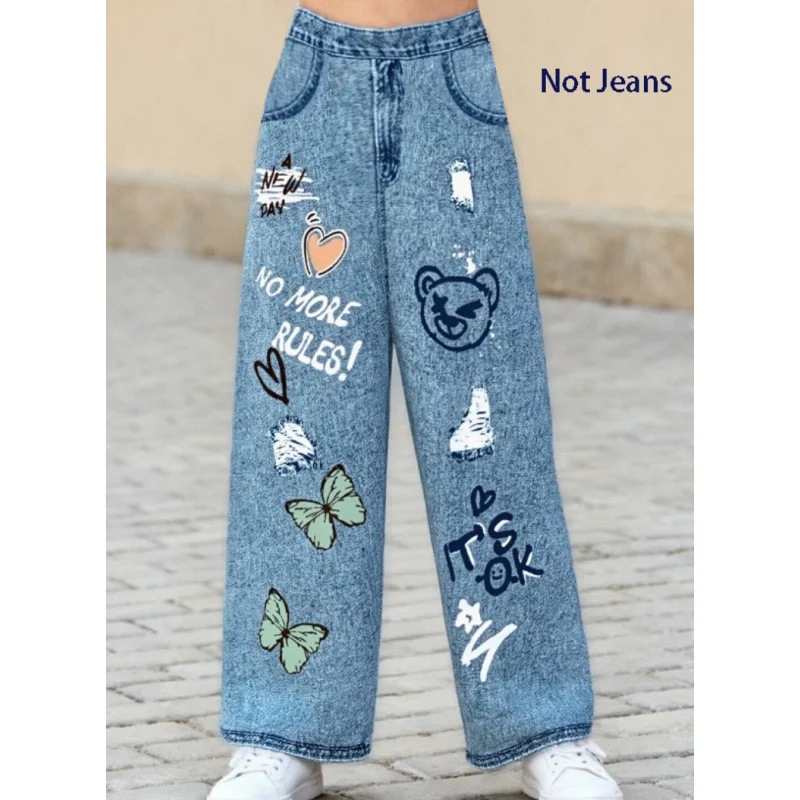 

2025 Hot Sale - Fashion Graffiti Print Butterfly, Love and Cartoon Street Style Trousers Girls Wide Leg Imitation Jeans