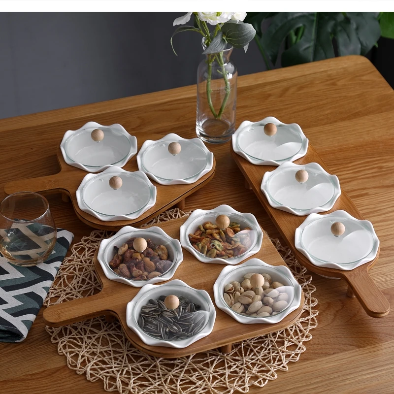 Christmas New Ceramic Candy Box Dried Fruit Nuts Plate Nordic Wind Bamboo Wood Glass Cover Afternoon Tea Snack