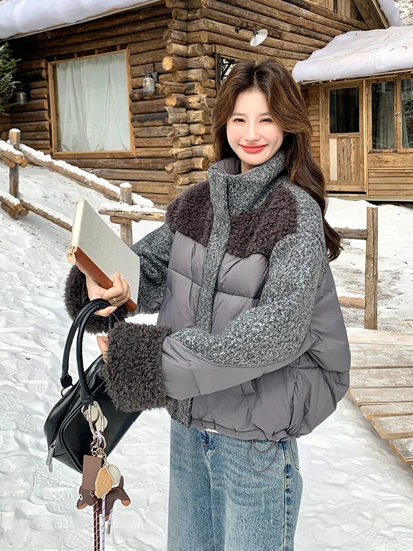 

Женская утепленная шерстяная куртка-пуховик в стиле пэчворк с мехом ягненка, теплая верхняя одежда, зима 2026, новый дизайн