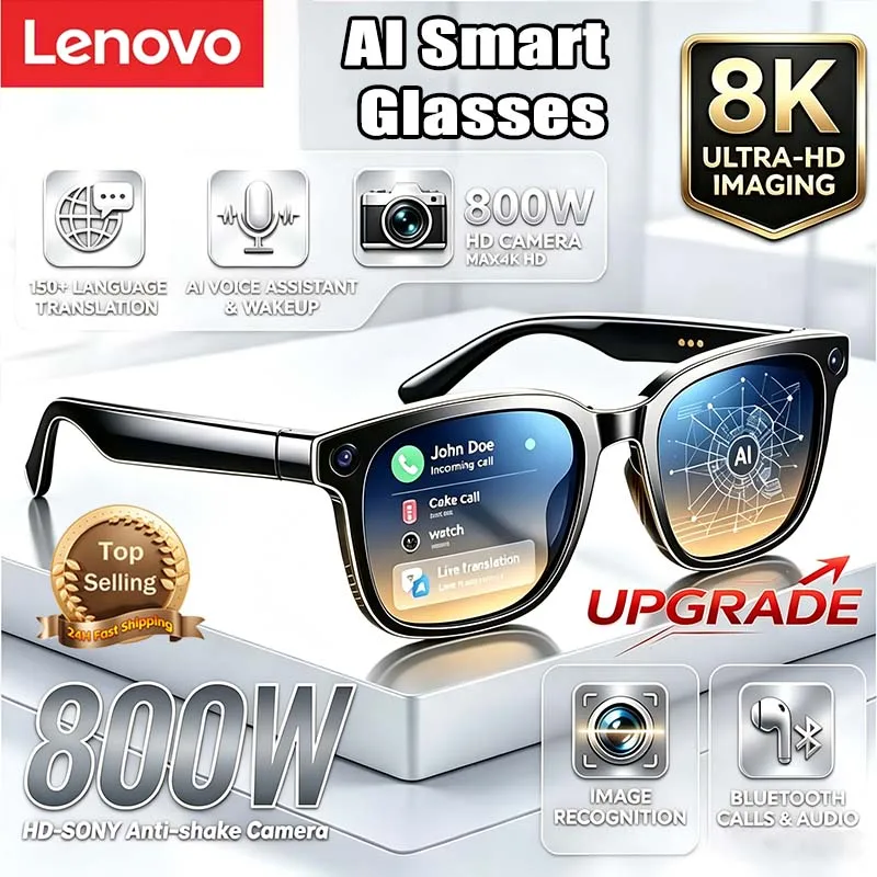 Lunettes Intelligentes Lenovo AI avec Caméra HD 8MP, Appel Bluetooth Sans Fil, Traduction, Reconnaissance d'Objets pour Hommes et Femmes