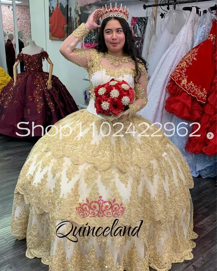 White Gold Princess Quinceanera Dresses with Long Sleeve Gillter Mexican Charro Lace-up Corset bestido de 15 añeras