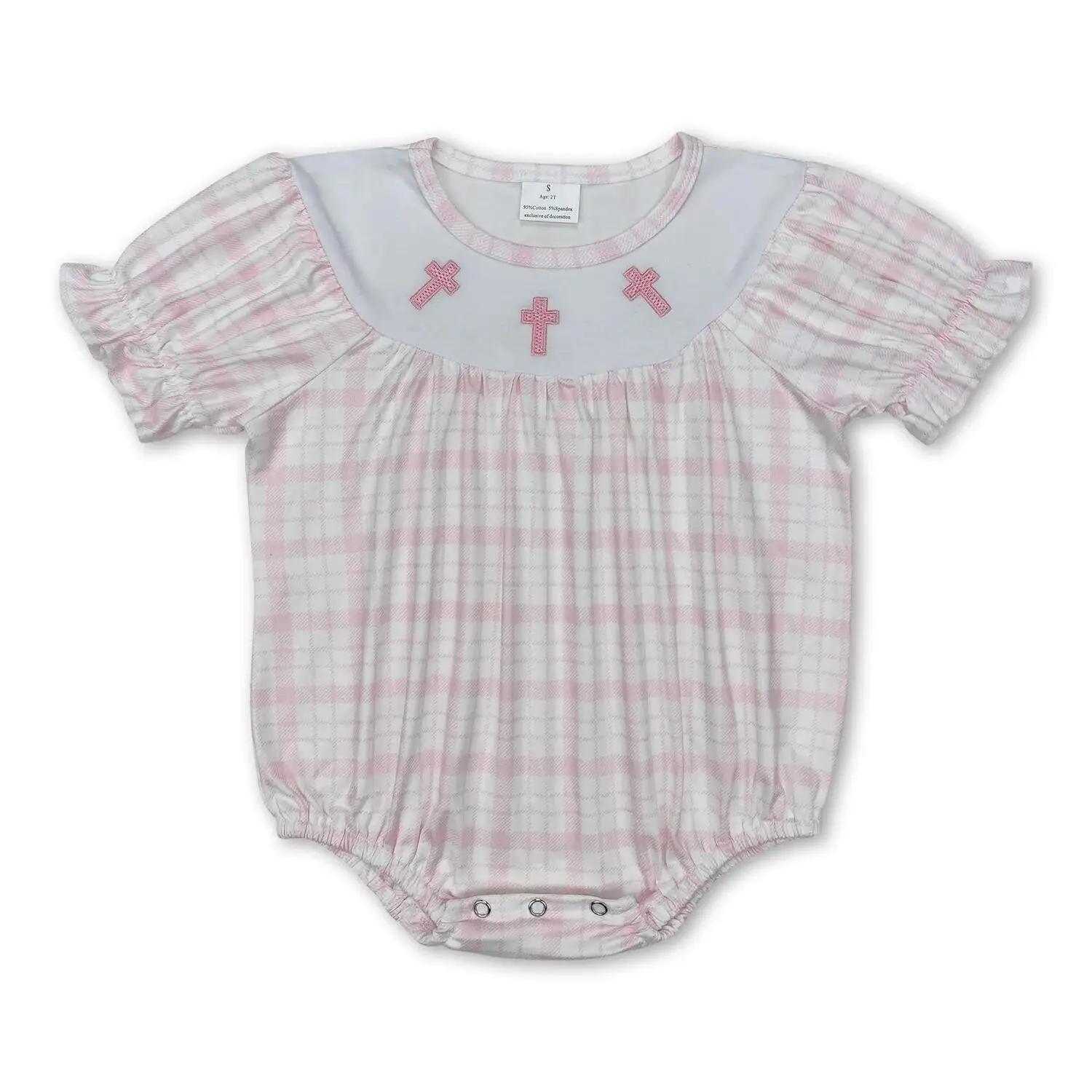 

Pink Checkered Easter Cross Rompers for Baby Infant Girls Short Sleeves Plaid Design Baby Girls Easter Outfit
