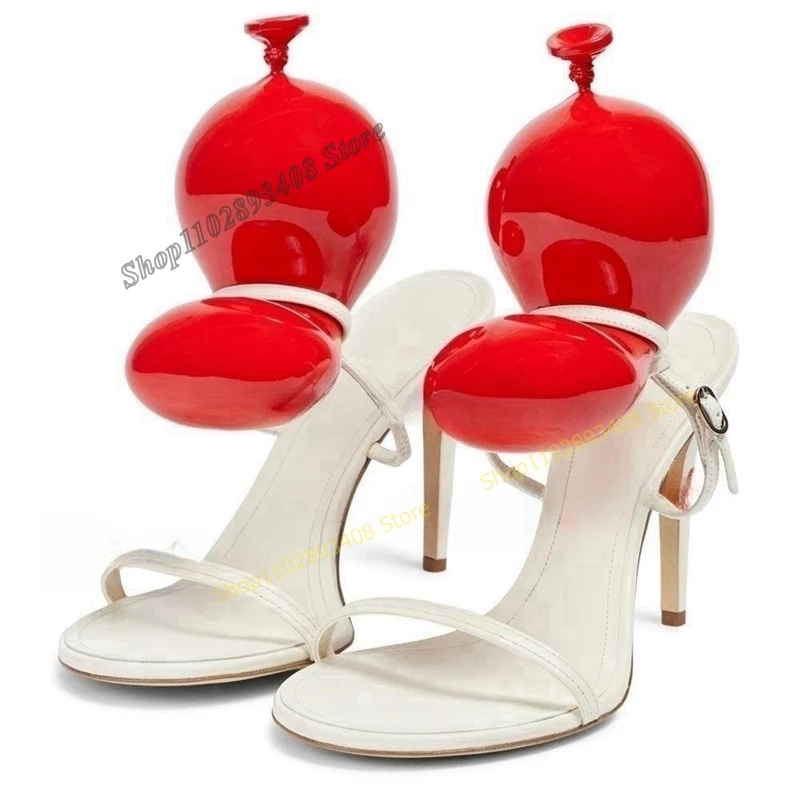 Red Color Ballon Decor Slippers Round Toe Stilettos High Heel Slip on PU Leather Women Shoes 2023 Fashion Zapatos Para Mujere