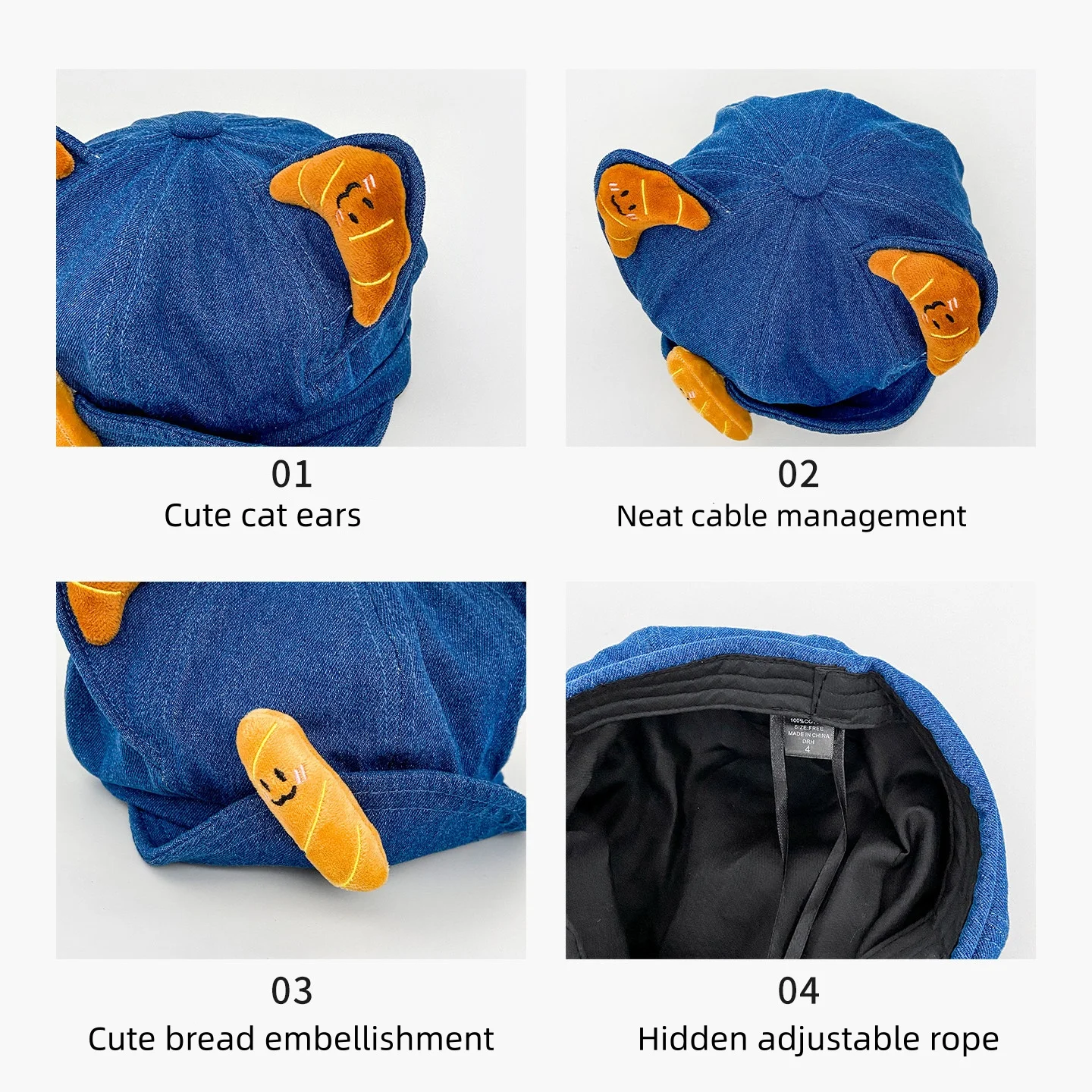 Cute Denim Beret for Women with Plush Ears and 3D Pizza Embroidery, Vintage Casual Beret, Versatile Fashion Hat for Shopping and Dating