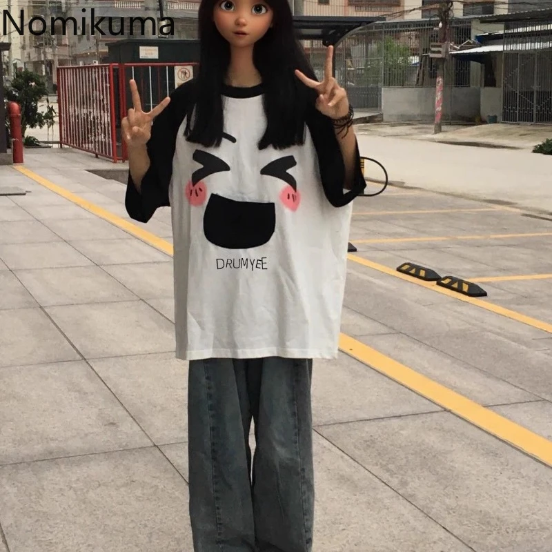 女性のための対照的な色の漫画のTシャツ,特大の韓国のTシャツ,カジュアルなファッション,y2k,パッチワーク,夏,2024