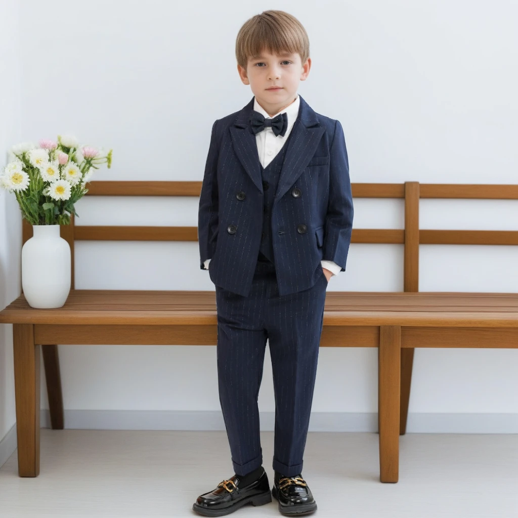 

Полосатый костюм для мальчиков, элегантный двубортный костюм для дня рождения, официальная одежда, свадебный наряд с цветочным узором для мальчиков, детский смокинг для выступлений на фортепиано