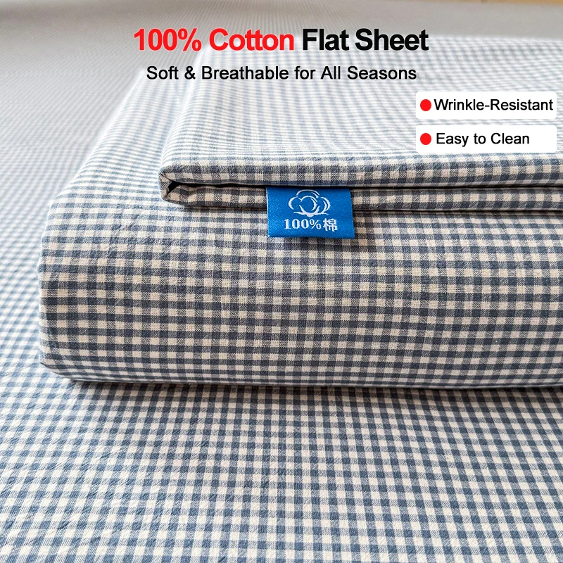 

Yarn-Dyed Washed Cotton Flat Sheet, 100% Cotton Blue Mini Plaid Bed Sheet, Soft Breathable All Season Bedding Top Sheet Durable