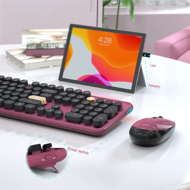 Wireless Keyboard and Mouse Combo，Purple and Black Retro Round Keycaps，Optical Mouse with，Ergonomic Design for Computers and