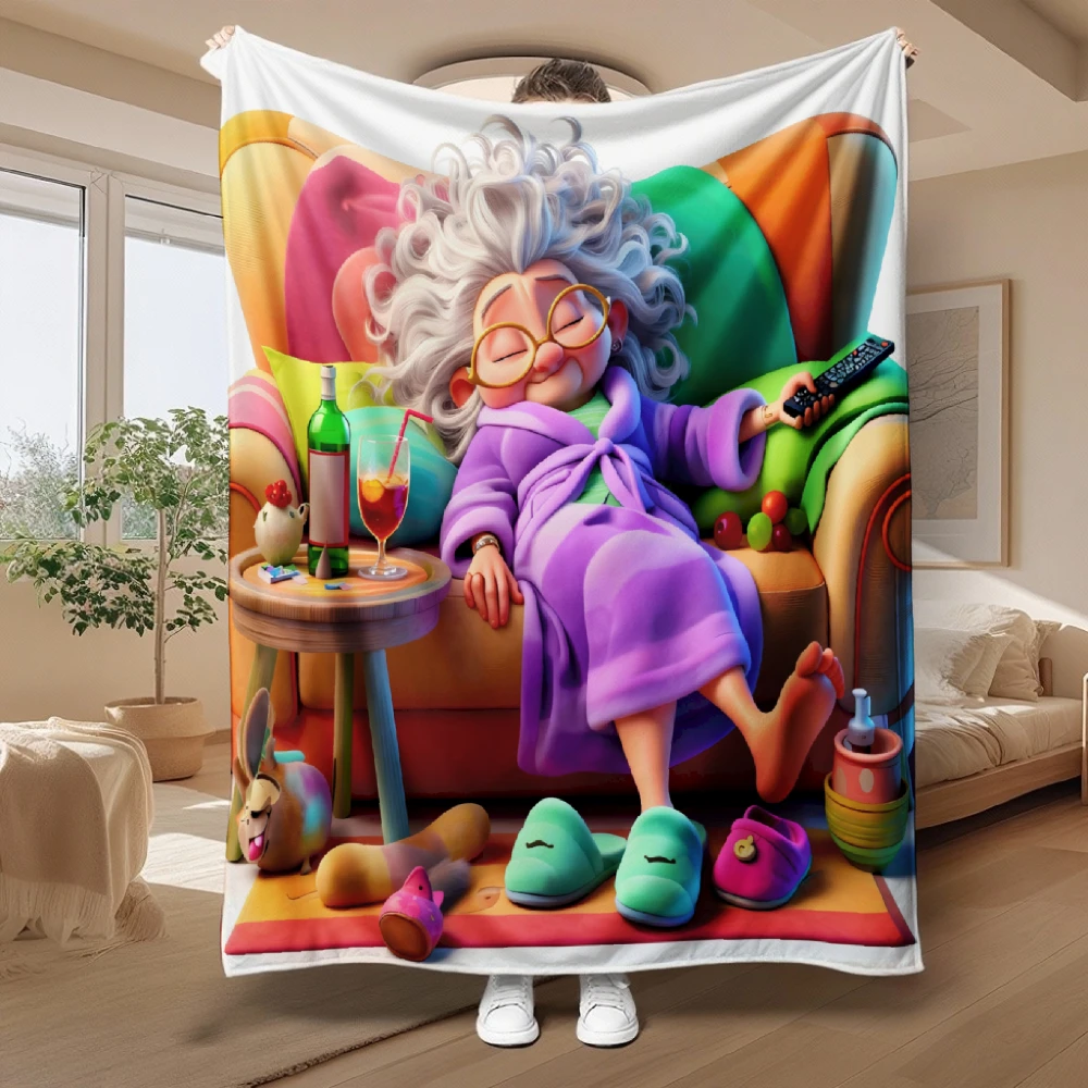 Funny Sleeping Grandma, Gift for Her, Blanket, Colorful Cartoon Design, Home Decor, Soft Cozy Multi-Purpose