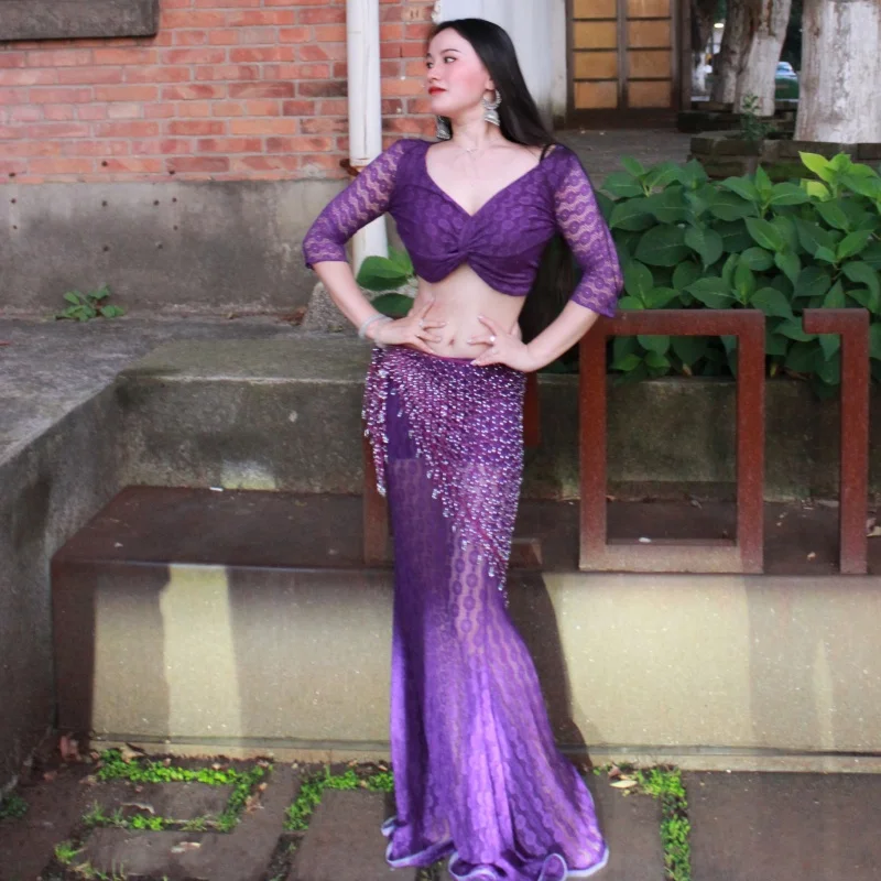 بدلة أداء الرقص الشرقي مجموعة دانتيل مثيرة راقية للبالغين ملابس ممارسة الرقص الشرقي الاحترافية ملابس تدريب الرقص